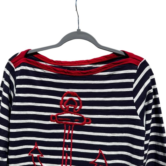 Hatley - Navy White Striped Boat Neck Shirt with Embroidered Red Anchor, SizeL - Picture 4 of 9